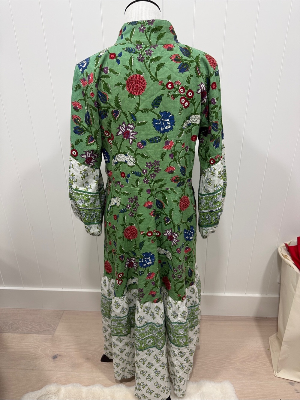Boho Floral Green Maxi Dress with Band Collar - Picture 3 of 6